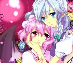  2girls bat_wings blue_eyes braid chigo hand_on_another's_cheek hand_on_another's_face hat hug izayoi_sakuya lavender_hair multiple_girls red_eyes remilia_scarlet short_hair silver_hair smile touhou twin_braids wings 