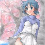  aqua_eyes blue_(artist) blue_hair cherry_blossoms flower fushimi_yukari hair_ribbon lowres ribbon routes short_hair solo wind_lift 