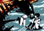  black_hair black_rock_shooter black_rock_shooter_(character) blue_eyes boots coat dual_persona kuroi_mato school_uniform shoes sunset tamaco twintails uneven_twintails uwabaki water 