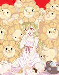  bare_shoulders barefoot blonde_hair child doughnut fangs goggles hands headwear_removed helmet helmet_off helmet_removed highres lion long_hair mister_donut moe_lion monogatari_(series) oshino_shinobu pon_de_lion red_eyes strap_slip 