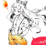  bow embarrassed fire fujiwara_no_mokou hair_bow hands_in_pockets long_hair pants partially_colored red_eyes suspenders touhou translated watata13 