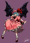  bat_wings bloomers blue_hair bobby_socks dress dress_lift fangs hat hat_ribbon highres mary_janes nada_haruka petticoat red_eyes remilia_scarlet ribbon shoes short_hair simple_background socks touhou wind_lift wings 