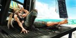  animal_ears barefoot beach blonde_hair boots breasts cloud clouds fang feet green_eyes muscle ponytail single_shoe sky smile 