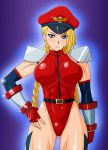  alternate_costume blonde_hair blue_eyes braid breasts cammy_white fingerless_gloves gloves large_breasts leotard long_hair makani_kohitujito mound_of_venus muscle shiny_clothes skin_tight street_fighter twin_braids vega vega_(cosplay) 