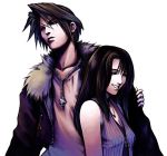 1boy 1girl arm_grab black_hair brown_hair couple earrings final_fantasy final_fantasy_viii fur_trim jacket jewelry long_hair looking_away necklace nomura_tetsuya official_art open_jacket rinoa_heartilly scar scar_on_face simple_background sleeveless smile squall_leonhart upper_body white_background 