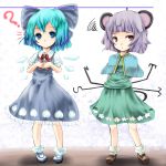  animal_ears blue_eyes blue_hair bow cirno grey_hair hair_bow jewelry mouse_ears mouse_tail multiple_girls nazrin pendant r0g0b0 red_eyes short_hair tail touhou wings 