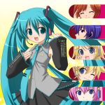    aqua_eyes aqua_hair blue_eyes closed_eyes ginko_(konekonoshippo) hatsune_miku headset kagamine_len kagamine_rin kaito long_hair megurine_luka meiko nail_polish smile twintails violet_eyes vocaloid wink   