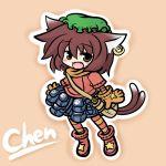  animal_ears bag brown_hair cat_ears cat_tail chen chibi earrings fang gloves hat jewelry multiple_tails pouch solo tail touhou yanagi_(artist) 