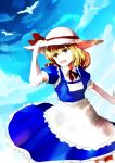  apron bird blonde_hair bow clouds dress elbow_gloves frills gloves hair_bow happy hat hat_ribbon kana_anaberal looking_up o_kawa open_mouth outstretched_arm ribbon short_hair short_sleeves sky solo touhou touhou_(pc-98) yellow_eyes 