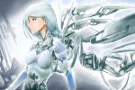  1girl android blue_eyes ex-trident long_hair mecha_musume mechanical_wings original silver_hair solo thrusters wings 