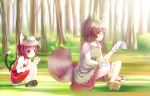  animal_ears bottle brown_eyes brown_hair cat_ears cat_tail chen dqn_(dqnww) futatsuiwa_mamizou glasses hat highres indian_style leaf leaf_on_head multiple_girls multiple_tails notes pince-nez raccoon_ears raccoon_tail short_hair sitting squatting tail touhou 