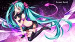  aqua_hair boots breasts cleavage cleavage_cutout demon_tail finger_to_mouth fingerless_gloves gloves grin hair_ribbon hatsune_miku high_heels long_hair midriff purple_eyes ribbon shoes skirt smile solo sweet_devil_(vocaloid) tail thigh-highs thigh_boots thighhighs twintails very_long_hair violet_eyes vocaloid wink yunco 