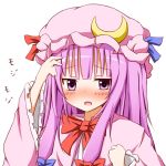  blush bow bust crescent dress hand_in_hair hat karamoneeze long_hair long_sleeves open_mouth patchouli_knowledge pink_dress purple_eyes purple_hair solo touhou violet_eyes wide_sleeves 
