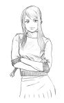  earrings fullmetal_alchemist highres jewelry long_hair monochrome realistic sweater umbil winry_rockbell wrench 