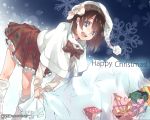  1girl :d booota brown_hair capelet christmas gift grey_eyes hat holding looking_at_viewer open_mouth original plaid plaid_skirt sack silver_eyes skirt smile solo watermark web_address 