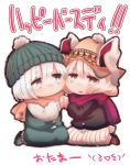  :&lt; animal_ears beanie blue_eyes bunny_ears chibi contemporary cream_(nipakupa) hand_holding happy_birthday hat holding_hands konpaku_youmu multiple_girls rabbit_ears red_eyes reisen_udongein_inaba scarf shimamura_youmu short_hair silver_hair simple_background touhou uniqlo_udonge white_background 