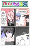  2girls 4koma ahoge black_hair black_rock_shooter black_rock_shooter_(character) blue_hair braid catstudio_(artist) chibi closed_eyes comic eyes_closed flat_gaze highres ia_(vocaloid) kaito multiple_girls off_shoulder open_mouth pink_hair scarf shirt skirt smile thai translated translation_request twin_braids twintails vocaloid 
