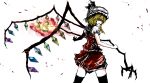  blonde_hair fan fire flandre_scarlet from_behind gem hat laevatein long_hair looking_at_viewer morise red_eyes solo thigh-highs thighhighs touhou wings 