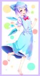  barefoot blue_hair border cirno dress highres ice ice_wings iruma_(artist) open_mouth purple_eyes solo touhou violet_eyes wings 