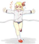  alternate_hairstyle blonde_hair breath buruma hair_ribbon open_mouth outstretched_arms red_eyes ribbon rokuna67 rumia running short_twintails socks solo spread_arms tape touhou track_and_field track_jacket twintails white_legwear youkai 