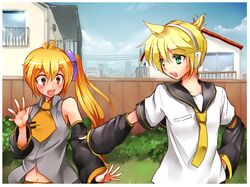  1girl akita_neru aqua_eyes arm_grab ascot blonde_hair detached_sleeves hand_on_hip headphones highres hips house kagamine_len long_hair magu_(mugsfc) navel necktie open_mouth orange_hair side_ponytail smile vocaloid 