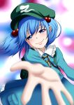  absurdres backpack bag blue_eyes blue_hair blurry depth_of_field foreshortening hair_bobbles hair_ornament hands hat highres kawashiro_nitori key niyang53 outstretched_arm randoseru short_hair skirt smile solo touhou twintails 