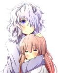  1girl androgynous blush brown_hair closed_eyes ehimedaisuki eve_(ib) eyes_closed garry_(ib) gary_(ib) hair_over_one_eye highres hug ib ib_(ib) purple_hair white_background 