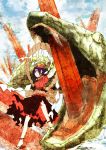  1girl anklet fangs highres jewelry onbashira open_mouth outstretched_arm purple_hair red_eyes sandals shide shimenawa short_hair snake solo touhou yasaka_kanako 