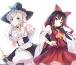  ascot bare_shoulders blonde_hair boku_wa_tomodachi_ga_sukunai bow braid breasts brown_eyes brown_hair butterfly butterfly_hair_ornament caidychen choker cleavage cosplay detached_sleeves dress hair_bow hair_ornament hair_tubes hakurei_reimu hakurei_reimu_(cosplay) hat holding kashiwazaki_sena kirisame_marisa kirisame_marisa_(cosplay) legs_folded long_hair mikazuki_yozora multiple_girls sarashi side_braid simple_background skirt sleeveless sleeveless_shirt smile touhou white_background witch_hat 