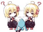  ? ahoge animal ascot blonde_hair chibi creature crossover hair_ribbon naname_ushiro necktie pokemon red_eyes ribbon rumia shirt short_hair simple_background skirt skirt_set squatting touhou vest white_background wynaut youkai 