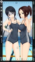  2girls black_hair breast_envy breasts brown_eyes clothed_navel highres hino_taka kurebayashi_katsumi large_breasts long_hair multiple_girls muroto_aki photokano ponytail pool school_swimsuit shaded_face swimsuit twintails v viewfinder 