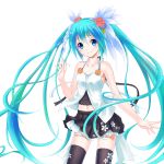  aqua_eyes aqua_hair bare_shoulders flower hair_flower hair_ornament hatsune_miku long_hair navel setona_(daice) simple_background skirt smile solo thigh-highs thighhighs twintails very_long_hair vocaloid white_background 