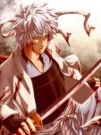  armor blood brown_eyes gintama headband injury joui male messy_hair sakata_gintoki samurai sword waguma weapon white_hair 