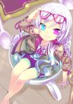  absurdres bare_legs blue_eyes bracelet canon_(nyori) cup heterochromia highres in_container in_cup jewelry long_hair looking_at_viewer looking_up minigirl nyori original partially_submerged pink-framed_glasses pink_eyes pink_hair smile solo spoon teacup water 