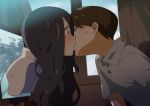  1girl black_hair blush brown_hair good_end hair_over_one_eye kiss long_hair profile short_hair sweatdrop television the_ring through_screen tsurukame_(doku) wide-eyed yamamura_sadako 