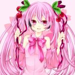  bare_shoulders bowtie cherry detached_sleeves food fruit hair_ribbon hatsune_miku headset long_hair lowres pink_eyes pink_hair ribbon sakura_miku solo twintails very_long_hair vocaloid yoitsukishin 