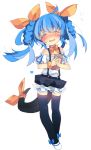  black_legwear blue_hair blush bow closed_eyes dizzy eyes_closed guilty_gear hair_ribbon heart letter r0c ribbon skirt skit solo tail tail_ribbon thigh-highs thighhighs twintails white_background 