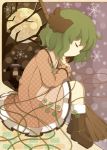  animal_ears arms_up bamboo_broom boots branch broom closed_eyes dress eiyobun eyelashes eyes_closed full_moon green_hair kasodani_kyouko lamp legs_up moon no_mouth polka_dot short_hair sitting snowflakes solo touhou tree 