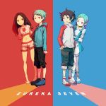  2boys 2girls ao_fukai arata_naru arm_grab blue_eyes boots brown_hair dress eureka eureka_7 eureka_7_ao eureka_ao eureka_seven eureka_seven:ao eureka_seven_(series) eureka_seven_ao fukai_ao hair_ornament hairclip holding_arm multiple_boys multiple_girls naru_arata purple_eyes red_eyes renton_thurston short_hair shorts smile violet_eyes waka_charoku 