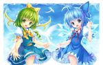  :d ahoge blue_eyes blue_hair cirno daiyousei dress grandia_(artist) green_eyes green_hair highres ice ice_wings multiple_girls open_mouth ribbon smile touhou wings 