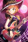  bowtie braid choker expressionless frills full_moon gilse glasses glowing green_eyes guitar hat holding instrument long_hair lowres moon mop_maid musical_note nail_polish orange_hair single_braid solo striped sword_girls witch_hat 