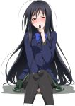  accel_world antenna_hair black_hair black_legwear blazer blush bow brown_eyes cable knees_touching kuroyukihime long_hair long_sleeves mouth_hold nose_blush pantyhose pleated_skirt school_uniform simple_background sitting skirt solo thighhighs wince youkan 