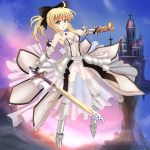  1girl ahoge bare_shoulders blonde_hair bow caliburn detached_sleeves dress fate/stay_night fate/unlimited_codes fate_(series) gauntlets green_eyes hair_bow long_hair ponytail saber saber_lily sheath solo sumapan sword weapon 