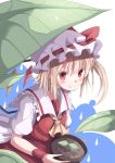  ascot blonde_hair blush drop fang flandre_scarlet gurasion_(gurasion) hat hat_ribbon highres holding leaf plant potted_plant puffy_sleeves red_eyes ribbon short_hair side_ponytail smile solo touhou wings wrist_cuffs 