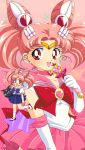  90s bishoujo_senshi_sailor_moon blush bow chibi_usa child choker circlet double_bun earrings elbow_gloves gloves gradient gradient_background hair_bun hair_ornament halftone halftone_background heart highres holding jewelry leg_lift looking_at_viewer luna-p mikiky miniskirt official_style pink pink_background pink_hair pink_moon_stick red_eyes sailor_chibi_moon sailor_senshi school_uniform serafuku skirt smile standing standing_on_one_leg star super_sailor_chibi_moon twintails wand 