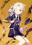  1boy blonde_hair gokotai hair_over_one_eye hat hat_removed headwear_removed kote male_focus military military_uniform necktie open_mouth reverse_grip short_hair shorts solo tantou tiger tiger_cub torn_clothes touken_ranbu uniform white_tiger yellow_eyes 