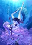  bare_legs barefoot bubble cherry_blossoms dolphin freediving green_eyes hair_ornament long_hair looking_at_viewer original purple_hair school_uniform skull_hair_ornament solo swimming underwater valyu 