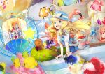  :d alice_(wonderland) alice_in_wonderland blonde_hair butterfly castle fish green_eyes hat highres long_hair open_mouth skirt smile solo star tiahszld 