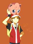  1boy backpack bag baseball_cap boy brown_hair hat holding jigglypuff lechuza on_head orange_background pokemon pokemon_(creature) pokemon_(game) pokemon_frlg randoseru red_(pokemon) red_(pokemon)_(remake) vs_seeker 