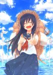  arkas asamiya-san_no_imouto asamiya_aoi backpack bag black_hair closed_eyes eyes_closed hat highres lamppost lantern long_hair power_lines randoseru school_uniform sky smile solo straw_hat water 